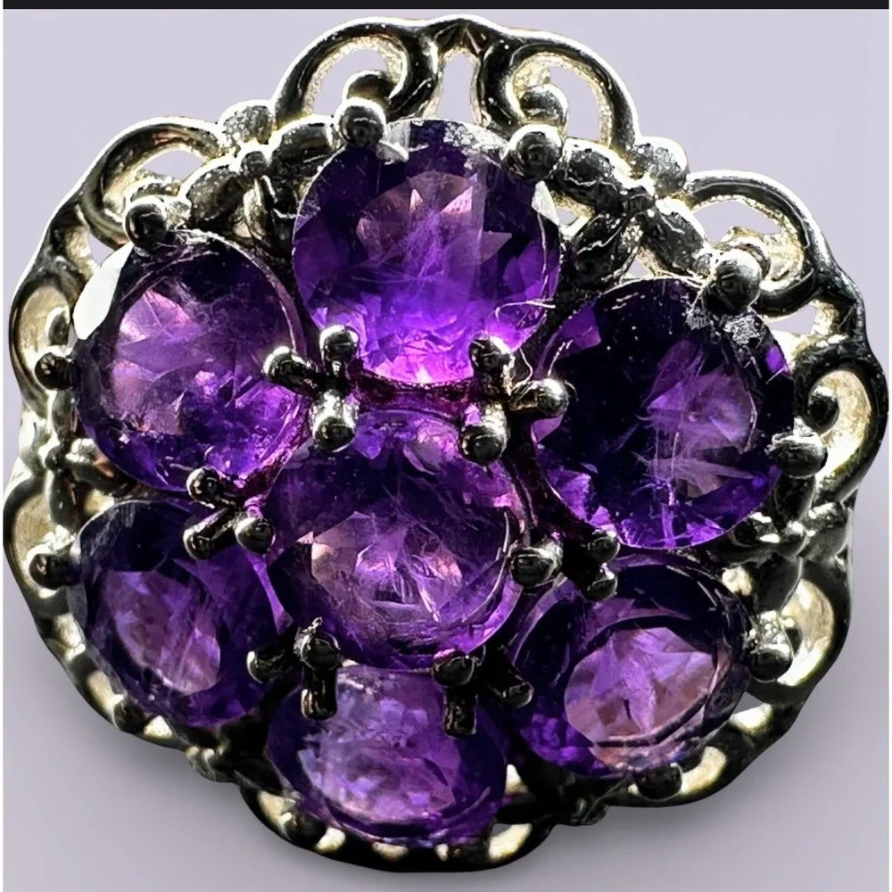 Sterling Silver‎ STS Karis Purple Gemstone Cluster Filigree Statement Ring 6.75